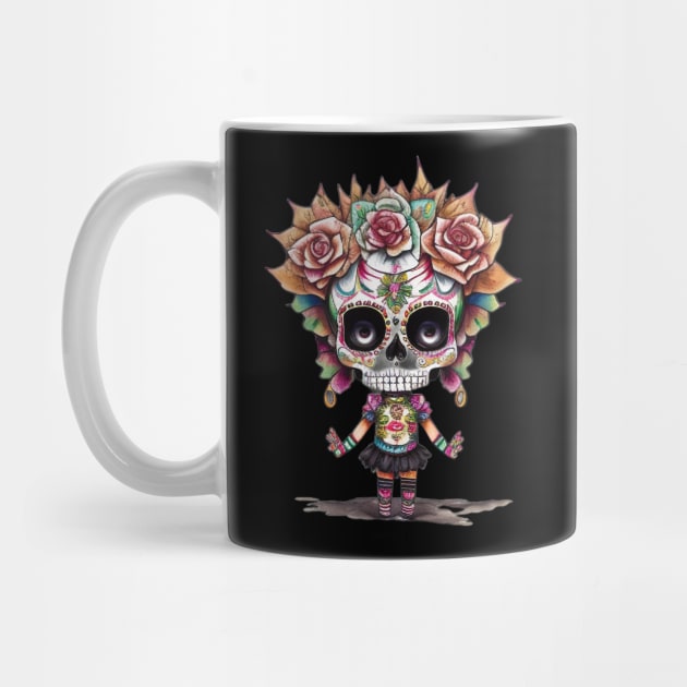 Chibi Chic: Day of the Dead Sugar Skull Art - Chibi Girl with Pink Rose-adorned Hair by ImaginativeInkPOD